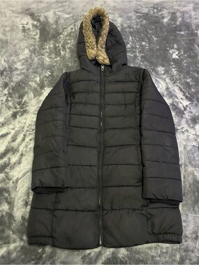 Black Quilted Puffer Coat with Faux Fur Hood